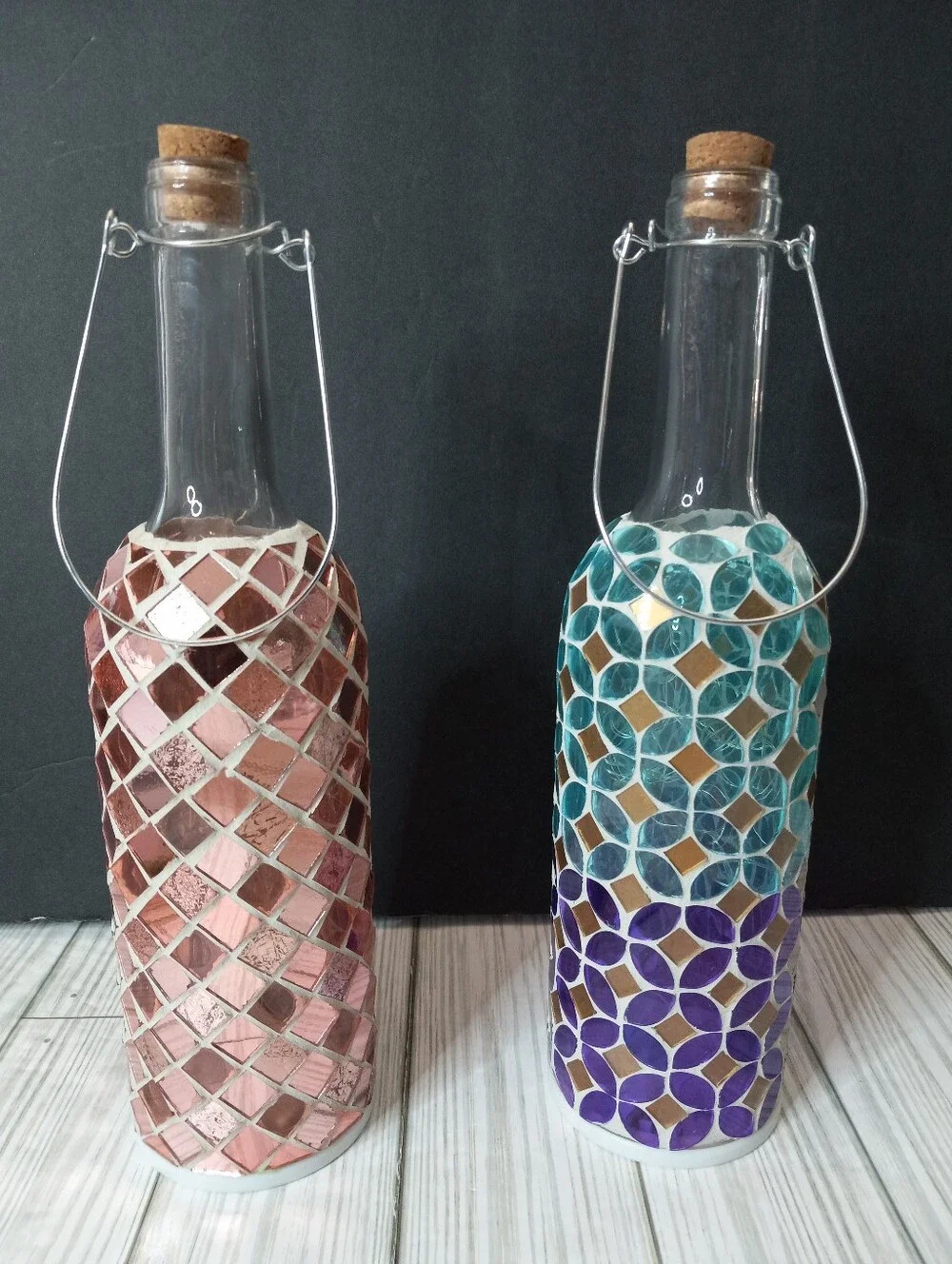 Handcrafted Mosaic Glass Bottle Lantern Fairy Light Set - Pink and Teal